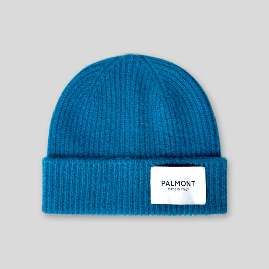 Ribbed Cashmere Beanie Hat in Blue